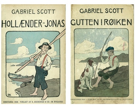 Hollænder-Jonas og Gutten i røiken av Gabriel Scott. Omslag 1) ved Sverre Knutsen og 2) Karl Uchermann